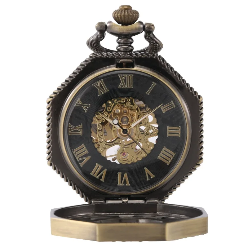 Steampunk Hollow Octagon Shape Men Women Handwind Mechanical Pocket Watch Skeleton Clock FOB Pendant Chain Roman Number Display