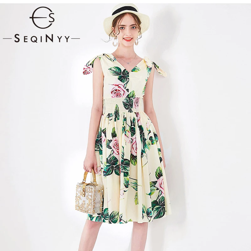 

SEQINYY Knee Dress 2020 Summer Spring New Fashion Design Women Sleeveless Rose Flowers Printed Elastic Waist Causal Dress