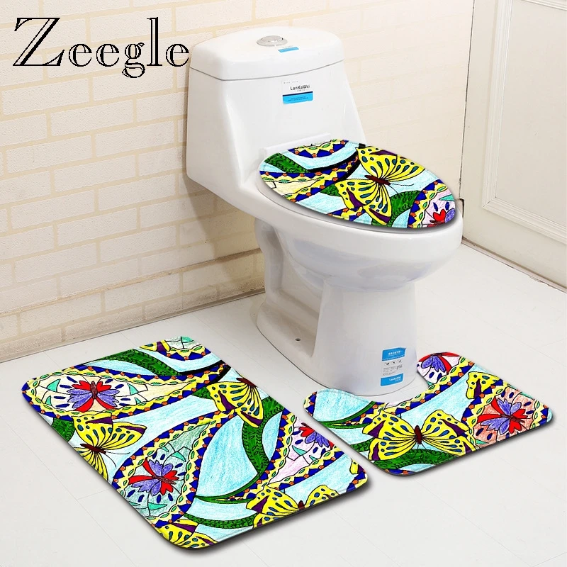 Zeegle Modern Toilet Rugs 3Pcs Bath Mat Set Shower Mat Bathroom Carpets Set Non-slip Bathroom Floor Mats Toilet Carpet