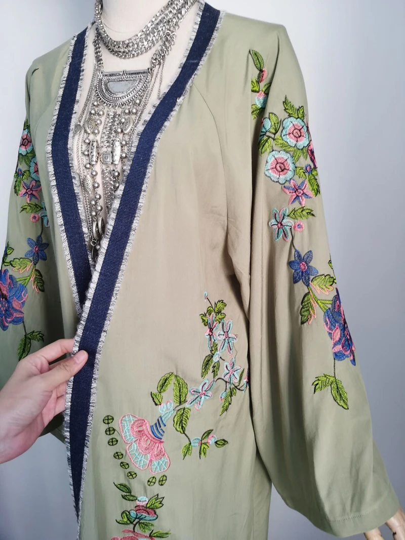 TEELYNN Long Boho Cardigan Light Green Floral Embroidery Beach Bikini Cover Up Kaftan Kimono Robe Summer Loose Women Blouses images - 6