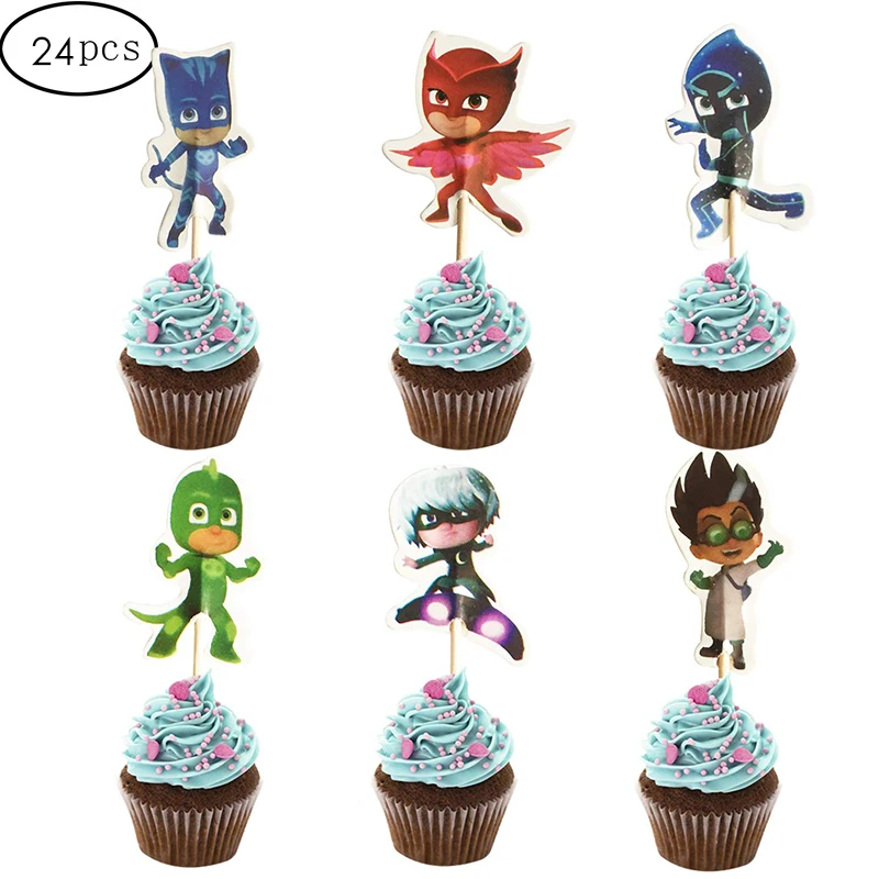 

24PCS PJ Masks action figure Catboy Owlette Gekko Cupcake Toppers for Kids Birthday Party Cake Decoration supplies