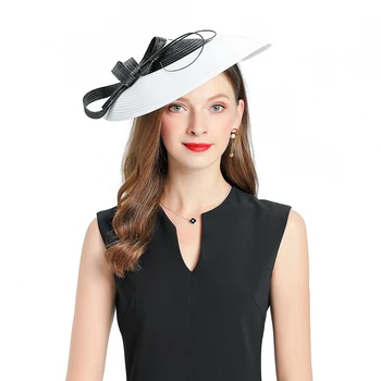 

Fedoras Hat For Women White With Black Fascinator Elegant Church Straw Cap Royal Banquet Wedding Headpiece Lady Fashion Hat Base