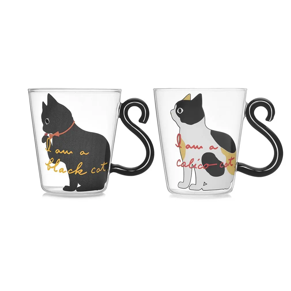 Cute Kitty Glass Water Cup Cat Tail Handle Mug Milk Tea Coffee Fruit Juice Mug Drinkware Home Office Cup Lovers Gifts