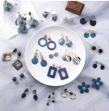 

Korean Summer Blue Geometric Acrylic Irregular Hollow Circle Square Drop Earrings for Women Metal Bump Party Beach Jewelry