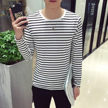 

Spring Autumn Men T Shirt T-shirt Men's Long-sleeved T-shirt Student Men's T-shirt New Men's Striped Long-sleeved T Men's