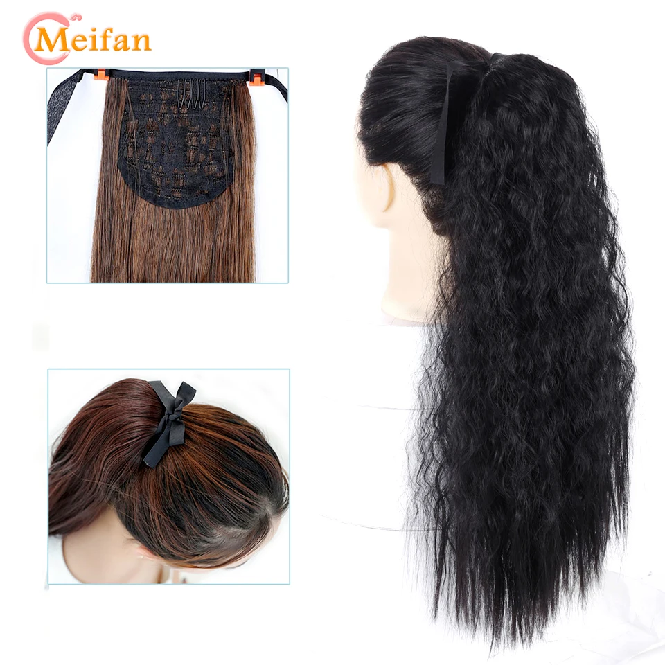 MEIFAN Long Corn Curly Ponytail Synthetic Hair Pieces Ribbon Drawstring Clip on Ponytail Hair Extensions False Hair Pieces