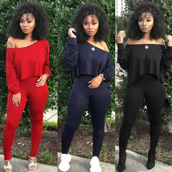 

2pcs Women Casual Outfits Long Sleeve Off Shoulder Crop Top Long Pants Clothes Set
