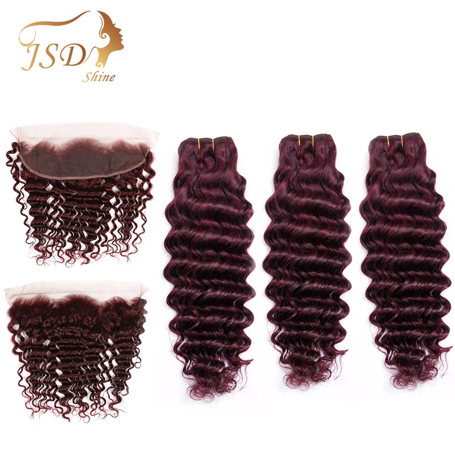 

JSDShine Brazilian Deep Wave Bundles With Frontal 99j Human Hair Bundles With Closure NonRemy Burgundy Lace Frontal With Bundles