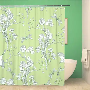 

Bathroom Shower Curtain The Chinoiserie Peonies Dragonfly and Bird on Green Waterproof Bath Curtain Set with Hooks