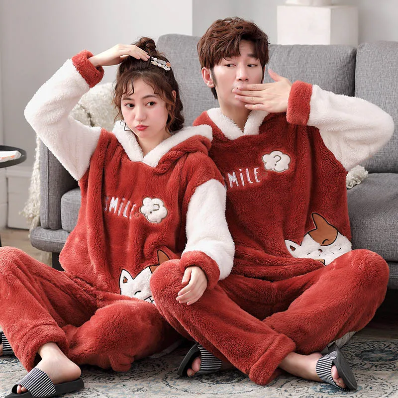 Unisex Adult Couple Pajamas Winter Thickening Female Pajamas Warm Hooded Sleepwear Long Sleeve Cute Cartoon Home Clothes Pyjamas