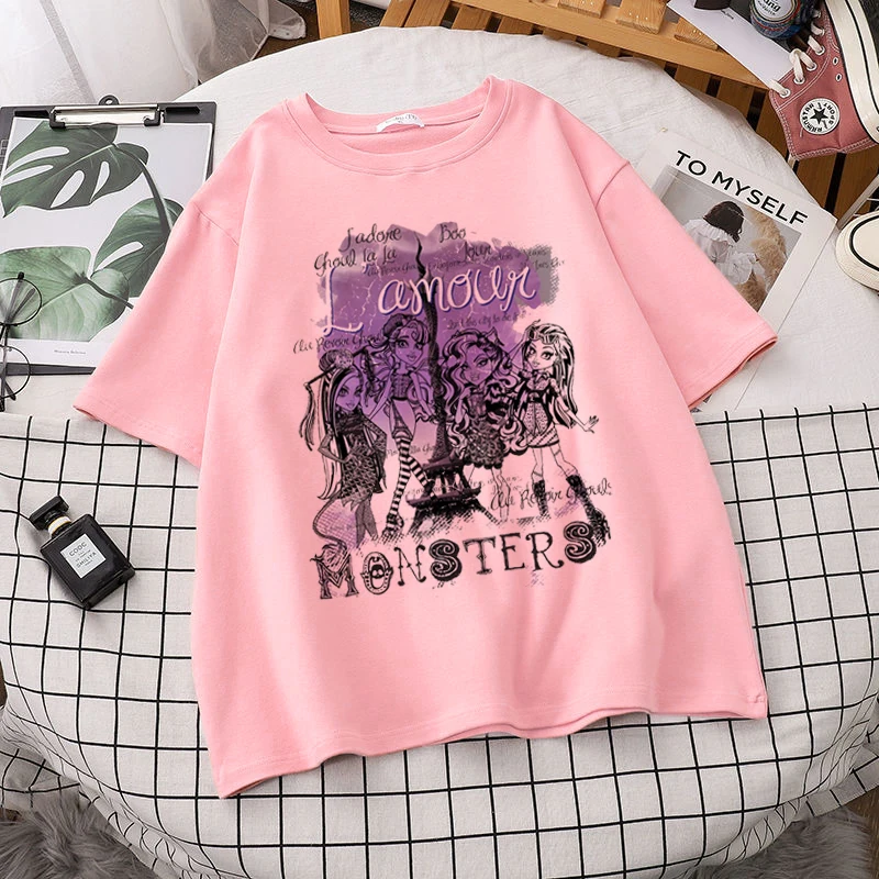 2021 New Women's T-shirt Harajuku Y2K Top Harajuku Retro Korean Style Black Monster High Punk Gothic Anime Monster Print Clothes black and white striped shirt