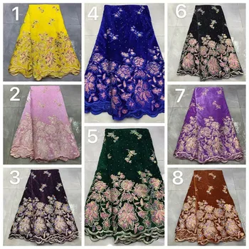 

Popular velvet sequins lace fabric French Mesh Lace Fabric High Quality stones Fabrics Nigerian Net Lace for Wedding Party
