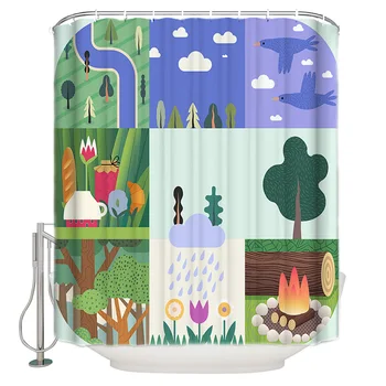 

Plaid Cartoon Landscape Shower Curtain Bathroom Curtain Polyester Fabric Bath Curtain Washable Home Bath Decor