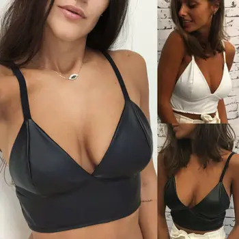 

Brand New Women Vest Crop Top Ladies Party PU Leather V-neck Bralette Bralet Bra Bustier Tank Top Camis
