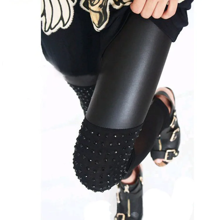 

2020 Spring And Summer New Style Europe And America Faux Leather Cotton Gauze Joint Leggings Knee Hot Drilling Capri Pants Nosta