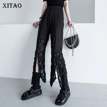 

XITAO Irregular Mesh Pants Fashion Women High Waist Elastic Waist Black Patchwork 2020 Summer Minority Full Length Pants DMY4722