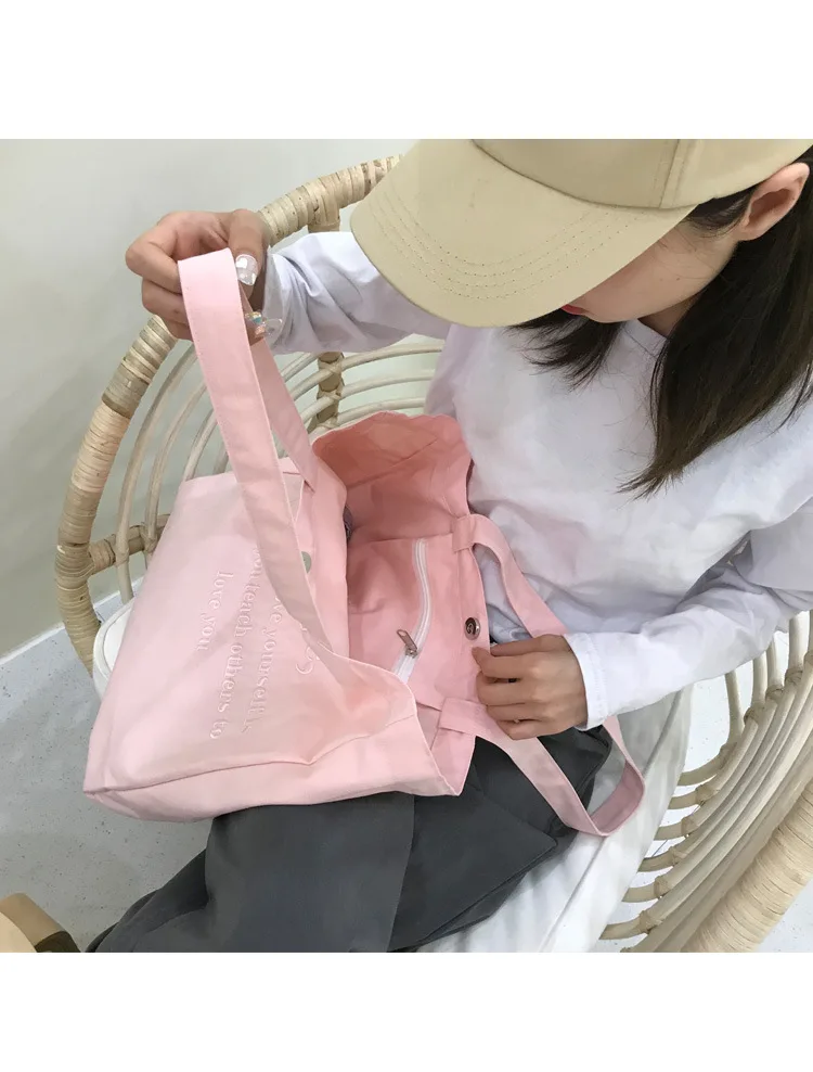 Large Capacity Canvas Shoulder Bag for Women Eco Reusable Shopping Bags Fashion Letter Embroidery Student Girls Tote Handbags