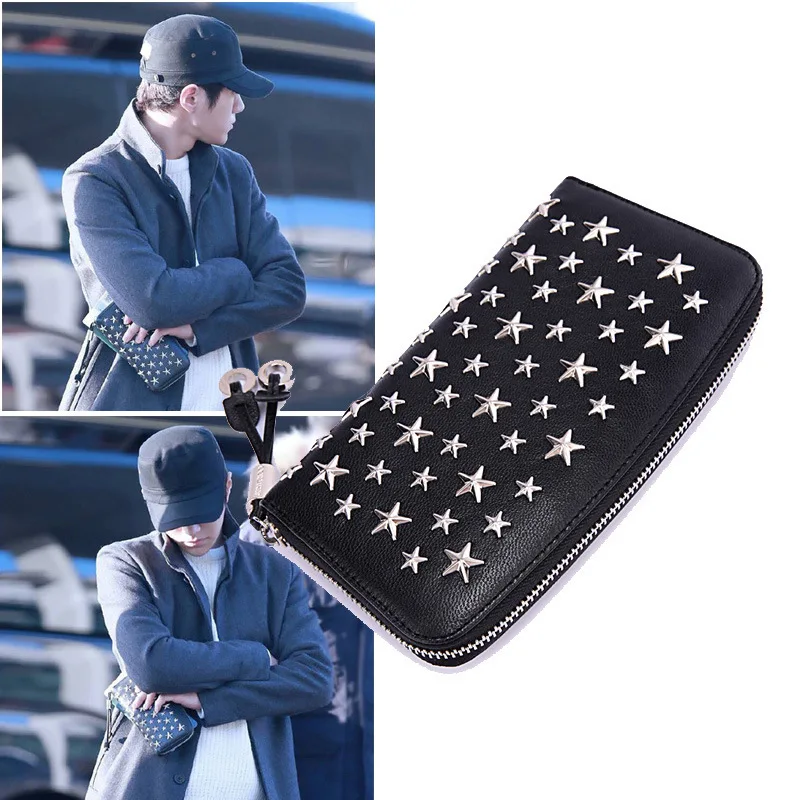 

New pentagonal star rivet wallet leather long zipper multi-card wallet medium hand bag