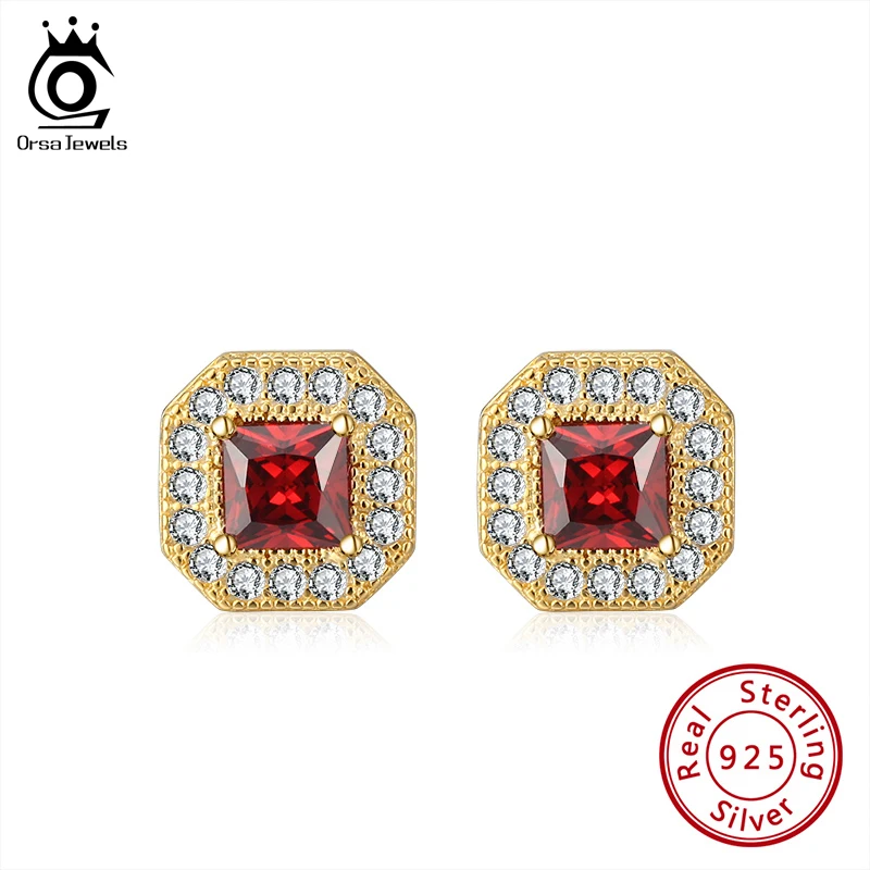 

ORSA JEWELRS Geometric Stud Earrings Genuine 925 Silver Red Zirconia Gold Plated Color Earrings Stud Wedding Party Jewelry SE254
