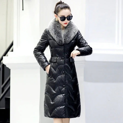 Кожаный пуховик женский зима тонкий толстый лисий мех воротник длинное пальто из овчины женская куртка из натуральной кожи - Цвет: black