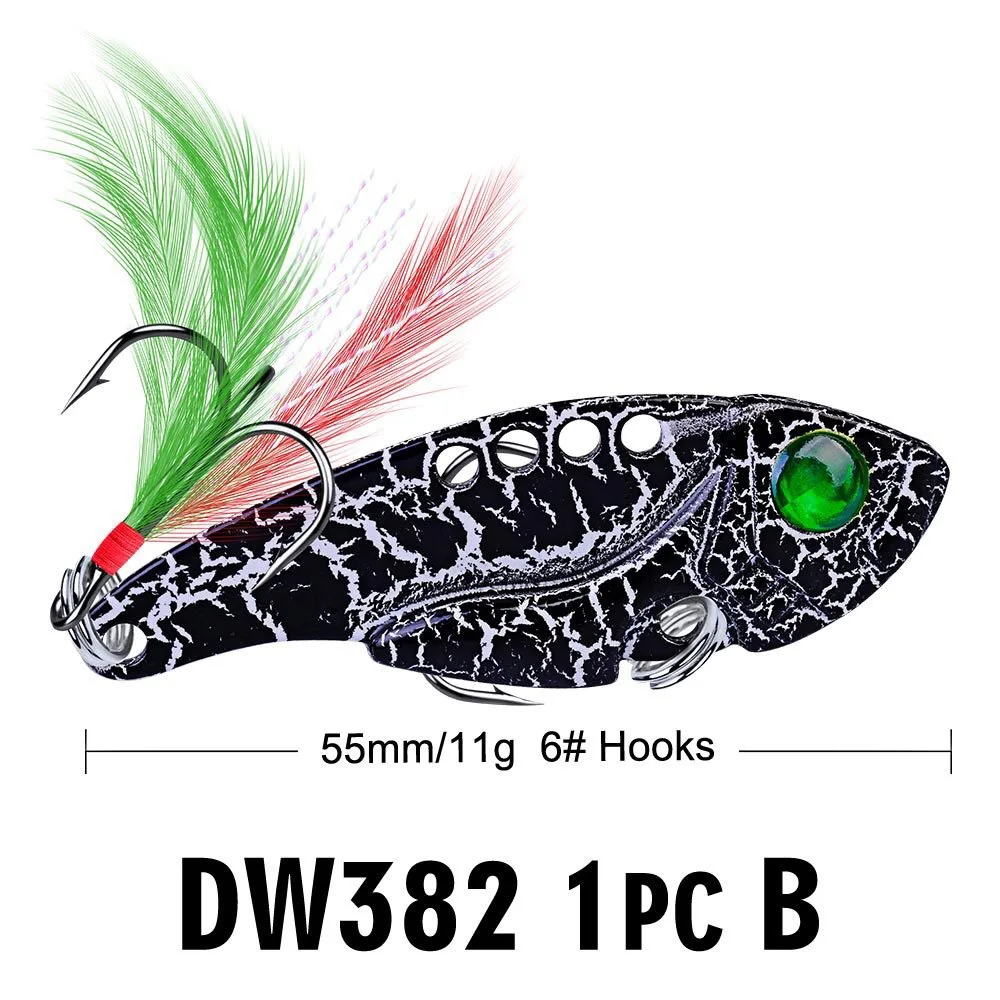 Evil 1pcs Metal VIB 11g/5.5cm Fishing Lure Vibration Spoon Hard Baits with Feather Crankbait Wobbler Swimbait Cicada VIB Tackle