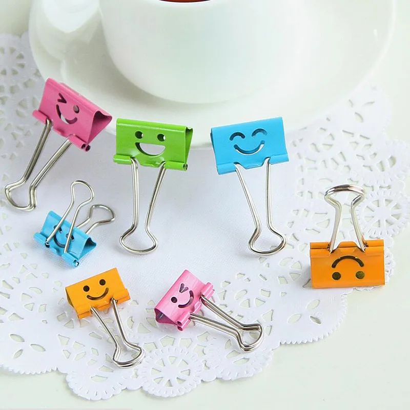 5pcs/lot Cute Smile Face Metal Binder Clip Colored Paper Clips Large Small Decorative Clip File Organizer Office School Supplies