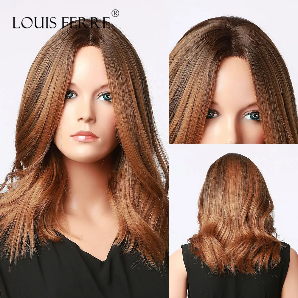 

LOUIS FERRE Medium Golden Brown Ombre Wigs for Women Natural Middle Part Wave Synthetic Wigs Natural Looking Wig Heat Resistant