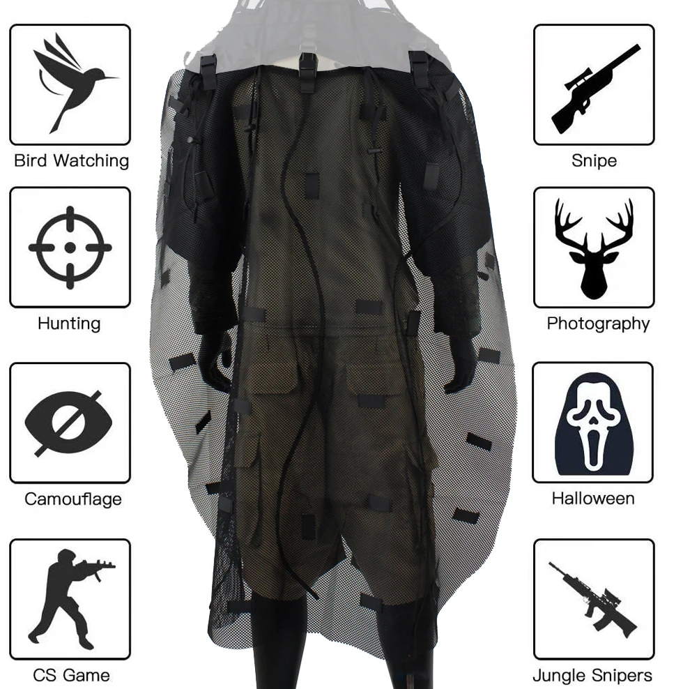 Breathable Mesh Nylon Ghillie Cape Sniper Ghillie Suit Hunting Airsoft Wildlife Photography Halloween