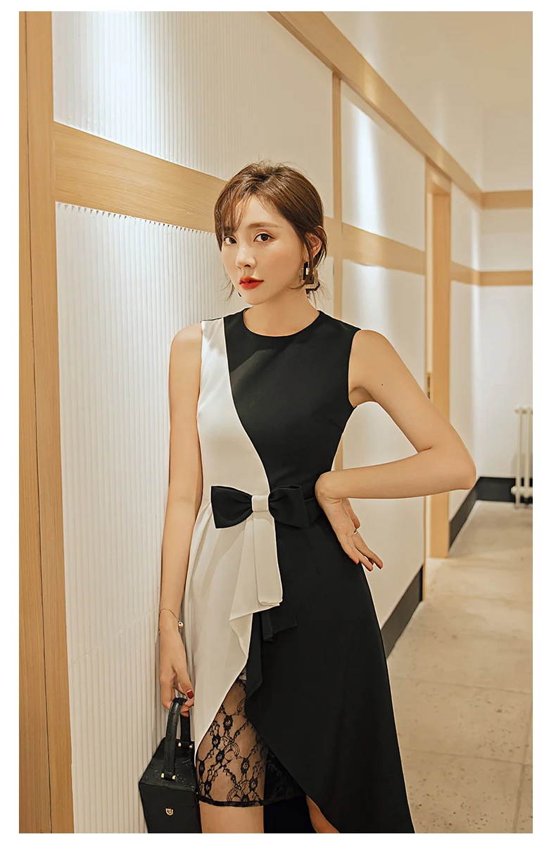 YIGELILA Summer New Arrivals Patchwork Dress O-neck Sleeves With Bow Elegant Dress Empire Mid-calf Office Lady Dress 65224