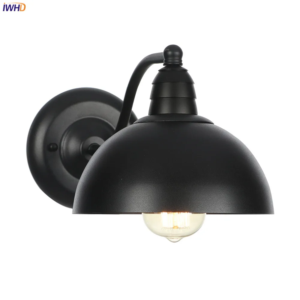 IWHD American Country Retro LED Wall Lights For Home Lighting Black Metal Bathroom Mirror Stair Light Glass Vintage Wall Lamp