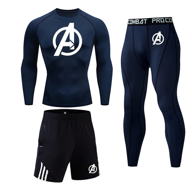 Спортивные наборы рубашка для пробежек Мужская костюм для бодибилдинга компрессионные колготки MMA The Avengers Gym Logo T Shirt мужские леггинсы для фитнеса джоггеры - Цвет: 3-piece set