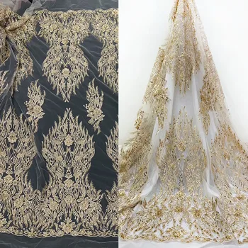

Luxury Embroidery Sewing beads Lace Fabric Gold African Wedding dress Mesh fabric advanced customization Evening Dresses Cloth
