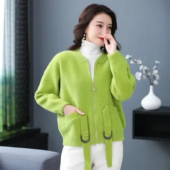 

Early Winter Women Imitated Mink Wool Knit Bomber Jackets Light Green White Pink Blue Plain Woolen Plush Knitting Outerwear 2019