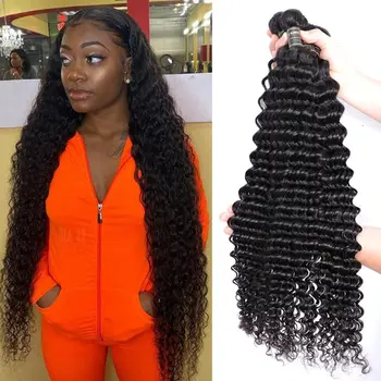 

Alimice 30inch Deep Wave Bundles Brazilian Hair Weave Bundles 100% Human Hair Bundles Natural Color Non-remy Hair Weave 1/3/4 PC