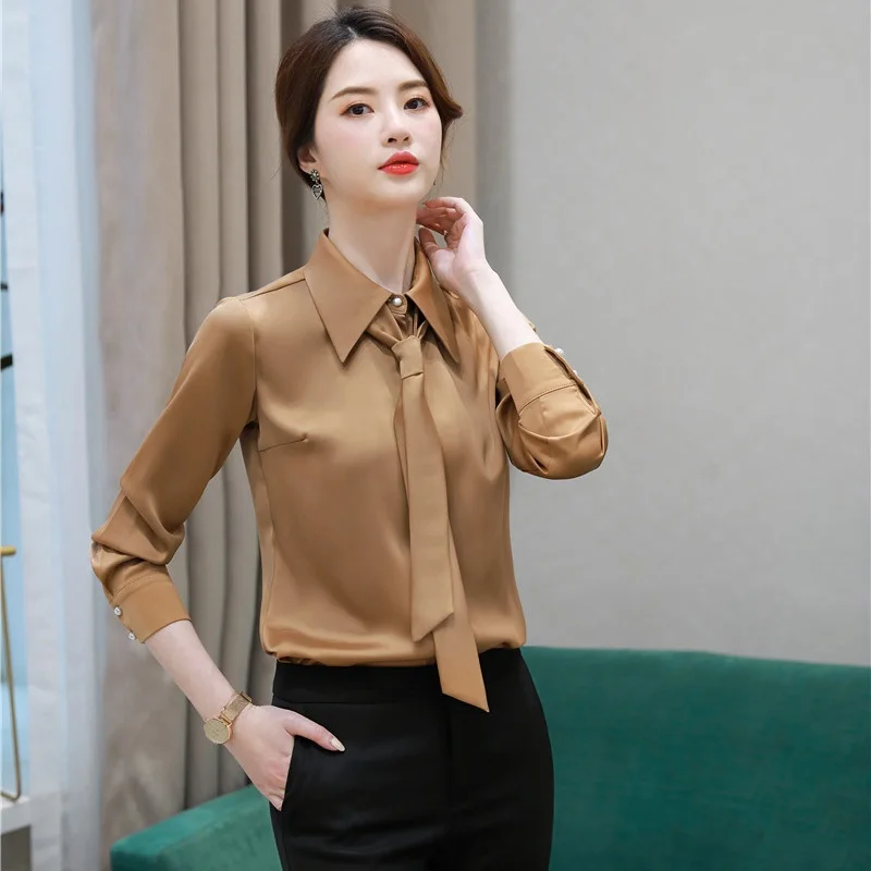 

Fashion Women Blouse & Shirts with Tie Long Sleeve Ladies Office Uniform Blouses and Tops OL Styles