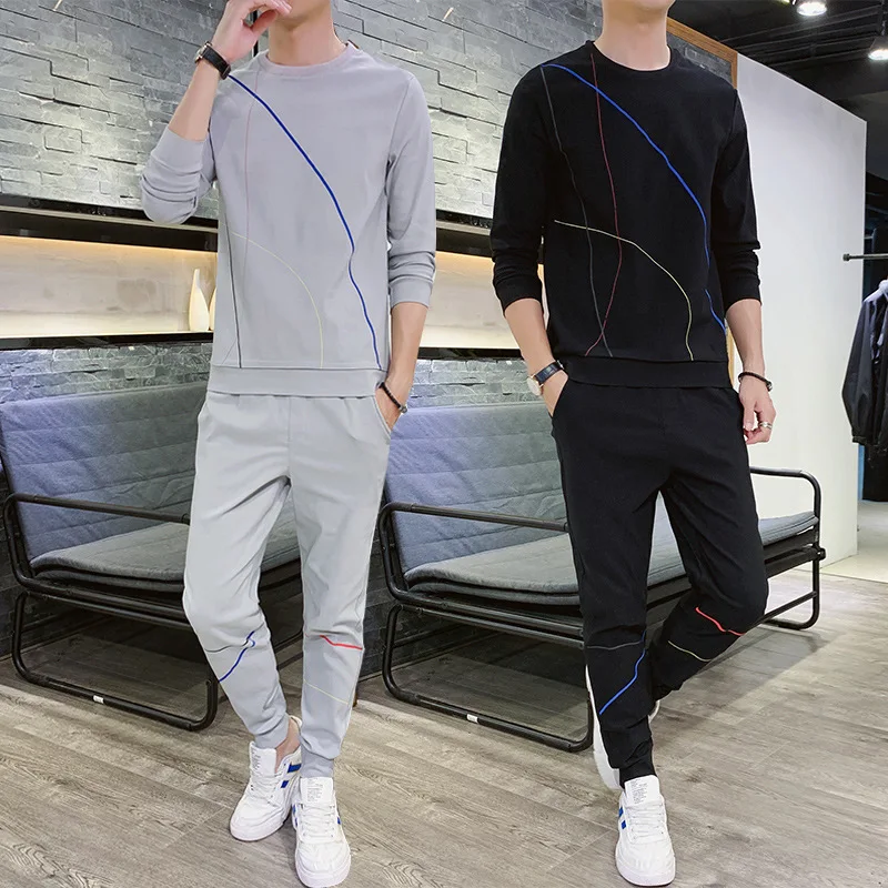 

2019 Autumn Clothing New Style Men Leisure Set Youth Trend of Fashion Simple Long-sleeved T-shirt Casual Pants Two-Piece Set