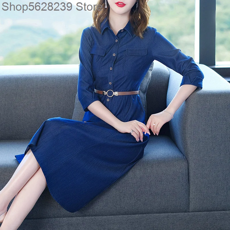

Cowboy Dress Autumn 2020 Waist Slimming Temperament Over The Knee Long Money Seven Points Sleeve Polo Collar A Word Skirt