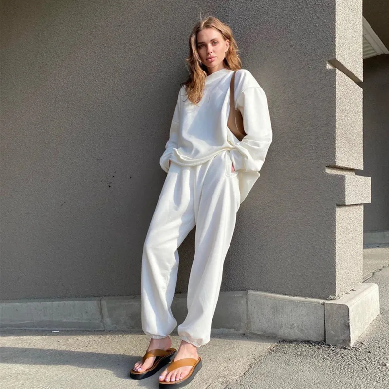 

Fall 2020 Fashion Long Sleeve Round Neck Drop Shoulder Casual Sweater Pants Set Pure Color Loose Homewear Can Be Weared Outside