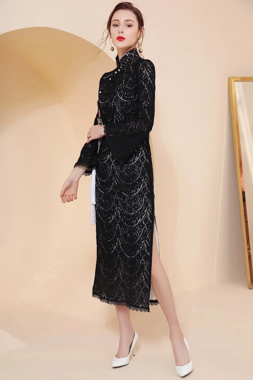 Flare Sleeves Pearl Luxury Dress Temperament Tassel Lace Black Cheongsam New Design Ladies Vintage Dress C1903