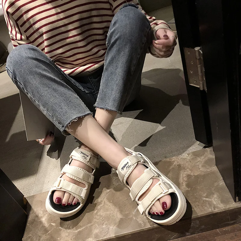 

2019 Summer New Style Versatile Flat Straight-line Buckle Sandals Korean-style Harajuku COUPLE'S Shoes Rome Sandals