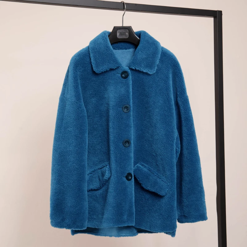 blue Пальто с натуральным мехом, Женская шерстяная куртка, осенне-зимнее пальто, женская одежда,, Корейская винтажная овечья овчина, Короткие топы ZT4359 - Цвет: blue