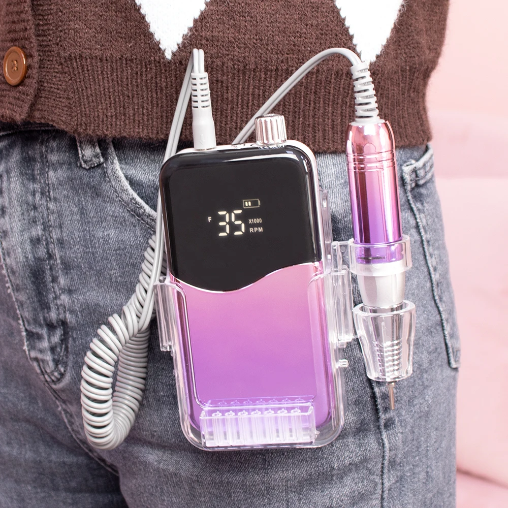 Purple Portable Cordless Nail Drill Machine 35000RPM Rechargeable Manicure Electric Nail File Drill 35000 Battery with Base 4