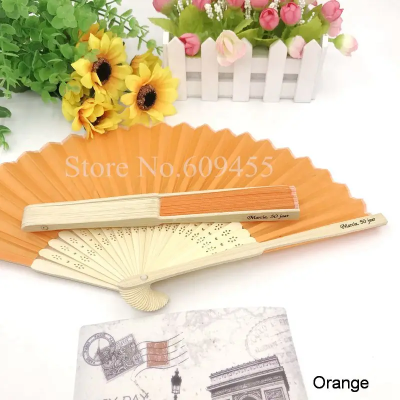 orange 100 шт./лот, персонализированные свадебные шелковые веера, уникальные вечерние Подарочные Подарки, ручные складные веера, печать на заказ, имя и Дата - Цвет: orange