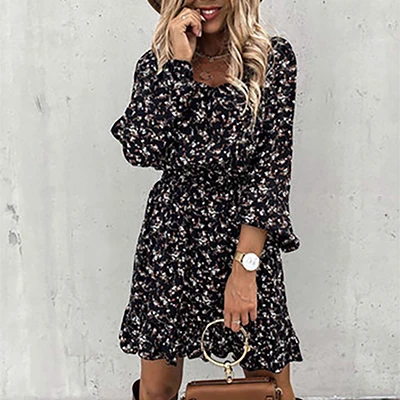 Elegant Square Collar Backless Mini Dress 2020 Autumn Puff Long Sleeve Ruffle Dress Vintage Women Floral Print Party Dress long sleeve wedding dresses Wedding Dresses