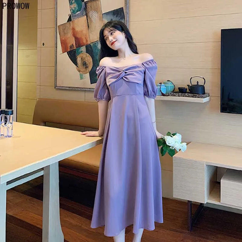 2020 Summer Puff Sleeve Dress Female French Retro Chiffon Bow Square Collar Dress Korean Elegant Party Ladies Waist Midi Dresses