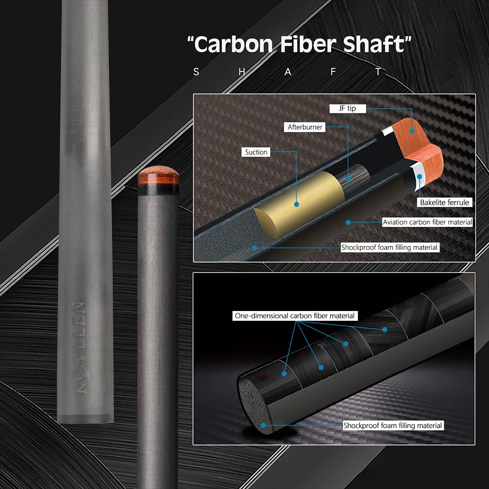 Konllenビリヤード炭素繊維プールスティック炭素エネルギーシャフト3/8*8ラジアルピンジョイント技術シャフト組み込み4カーボンチューブ