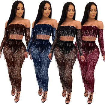 

Women Dress Sequin Tassel Ladies Set Sexy Dress Off Shoulder Long Sleeve Transparent Bodycon Long Dress Clothes set F288