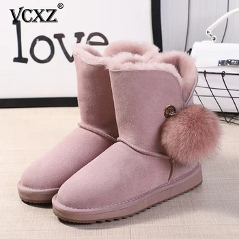 

VCXZ 2020 high-quality fashion Brooch Pom-pom Women lovely Winter Boots Comfortable Cowhide Leather warm Wool Lined Snow Boots