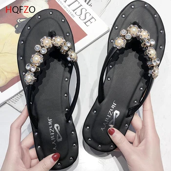 

HQFZO Delicate Fashion Crystals Flip Flops Flats Beach Shoes Outdoor Slippers Soft Casual Sandals Women Summer Shales Platform