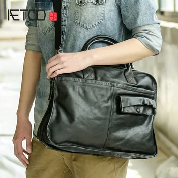

AETOO Hand-made cow leather briefcases for men, horizontal casual computer bags for men, leather retro business handbags